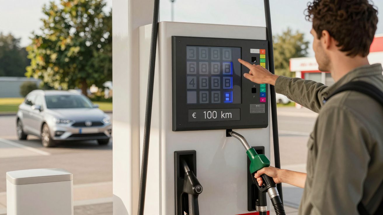 Homem abastecendo carro em posto ao ar livre, selecionando valor no painel digital da bomba de combustível.