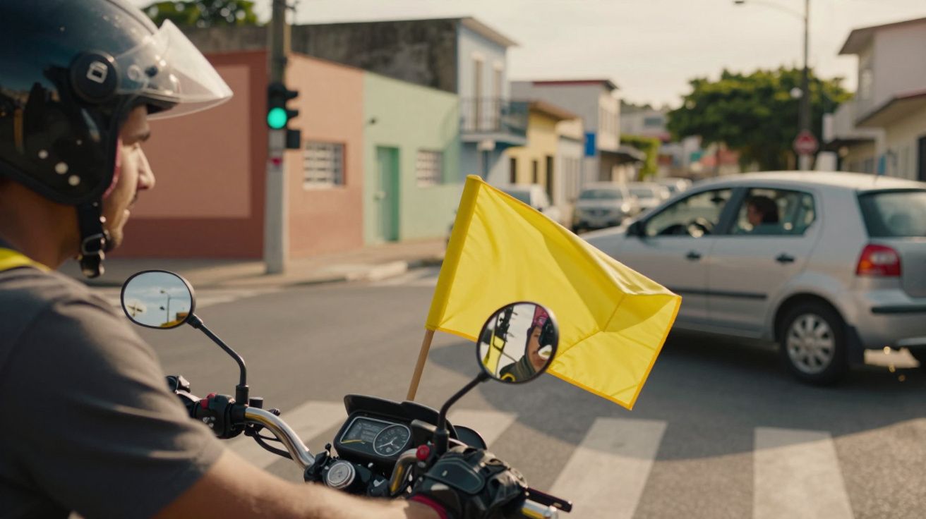 Motociclista com capacete e bandeira amarela espera no semáforo verde em cruzamento urbano.
