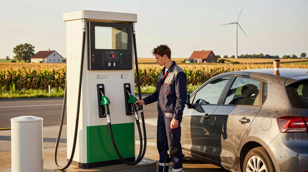 Homem abastecendo carro cinza em posto de combustível com campo e eólica ao fundo.