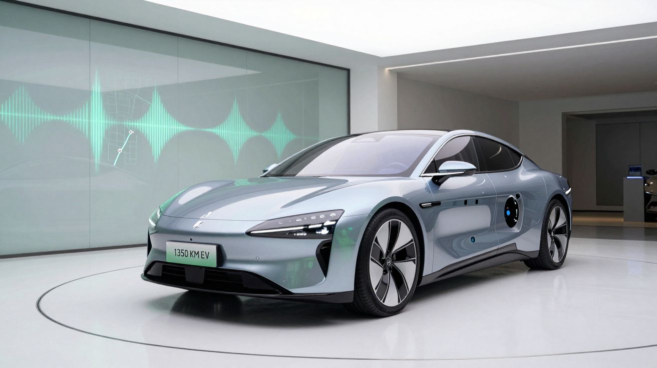 Carro elétrico cinza prata em ambiente moderno com tela digital exibindo ondas sonoras ao fundo.