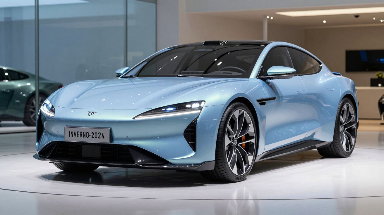 Carro esportivo elétrico azul claro exibido em salão moderno com luzes refletindo na superfície.