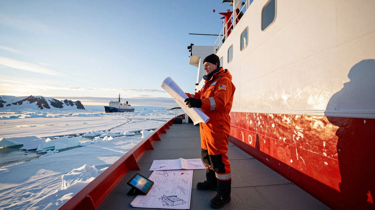Homem com roupa laranja segura mapas a bordo de navio em ambiente ártico com gelo e outro navio ao fundo.