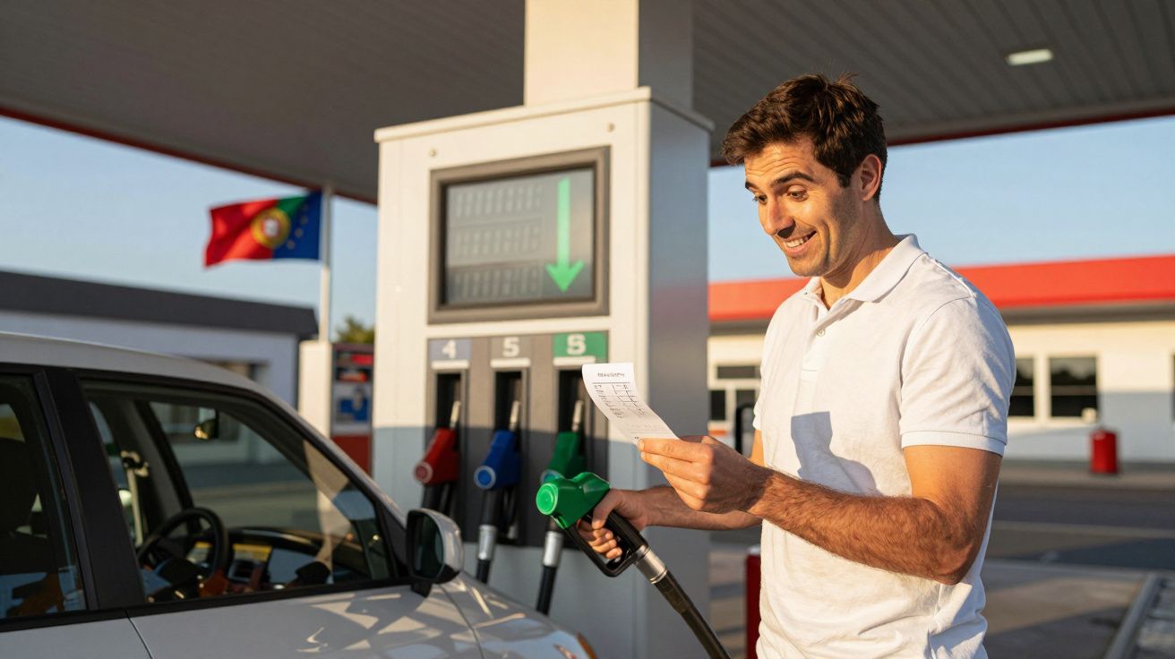 Homem feliz abastecendo carro em posto de gasolina enquanto lê o recibo com bandeira de Portugal ao fundo.