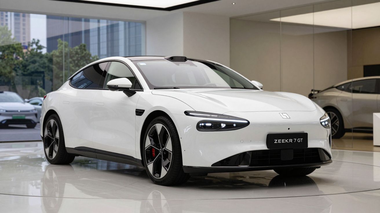 Carro elétrico branco Zeekr 7 GT em exposição com design moderno e vidro refletindo o interior.