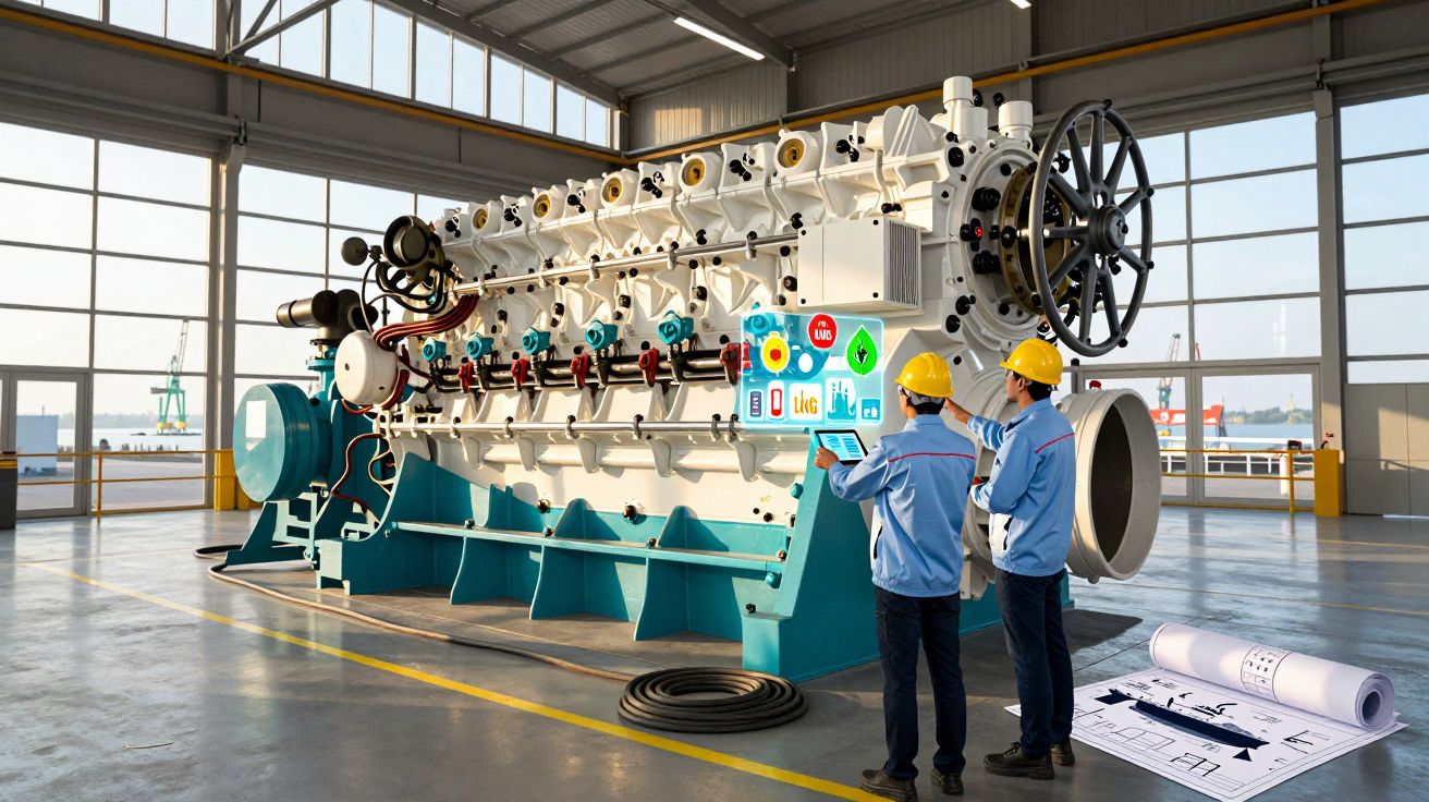 Dois engenheiros com capacetes analisam maquinário industrial grande dentro de fábrica iluminada.