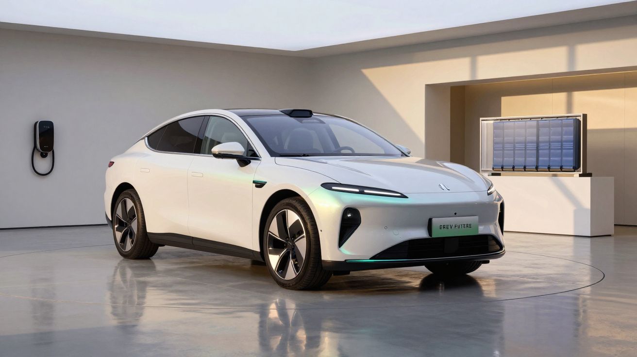 Carro elétrico branco estacionado em ambiente interno moderno com carregador na parede.