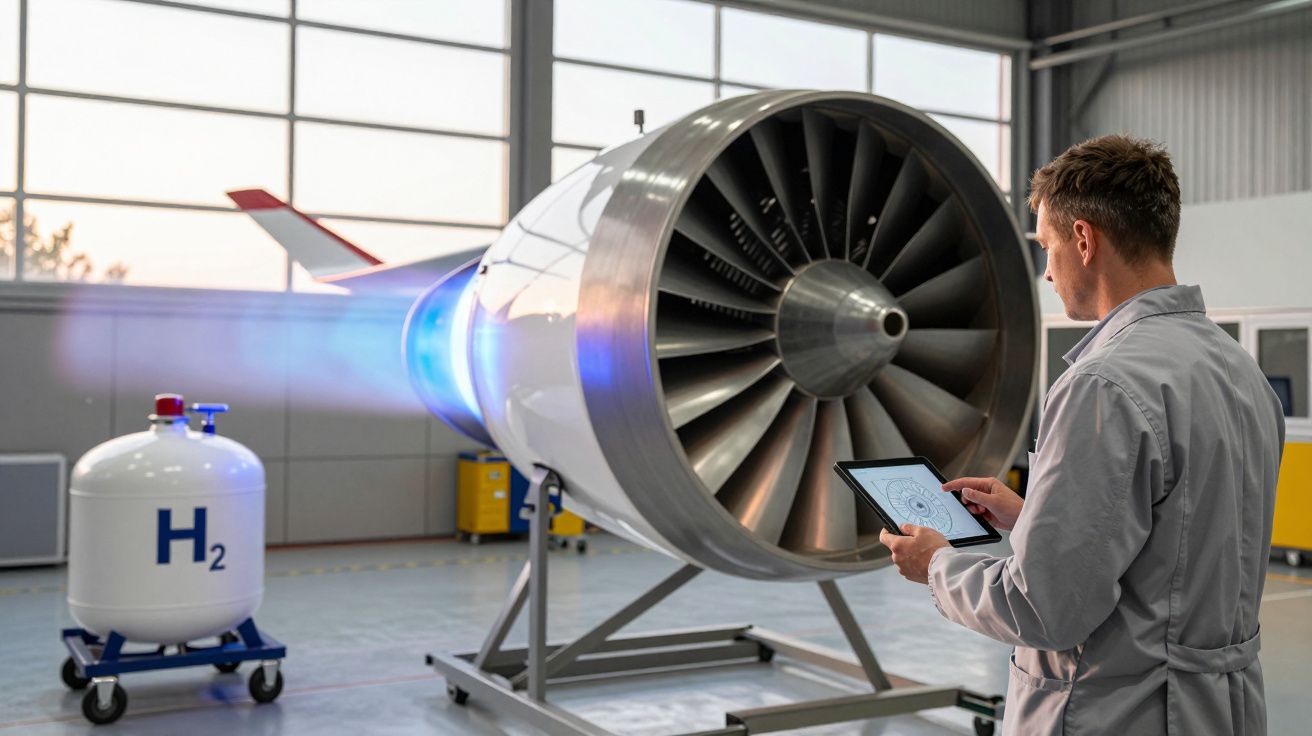 Engenheiro observando turbina de jato com chama azul saída de hidrogênio em laboratório moderno.