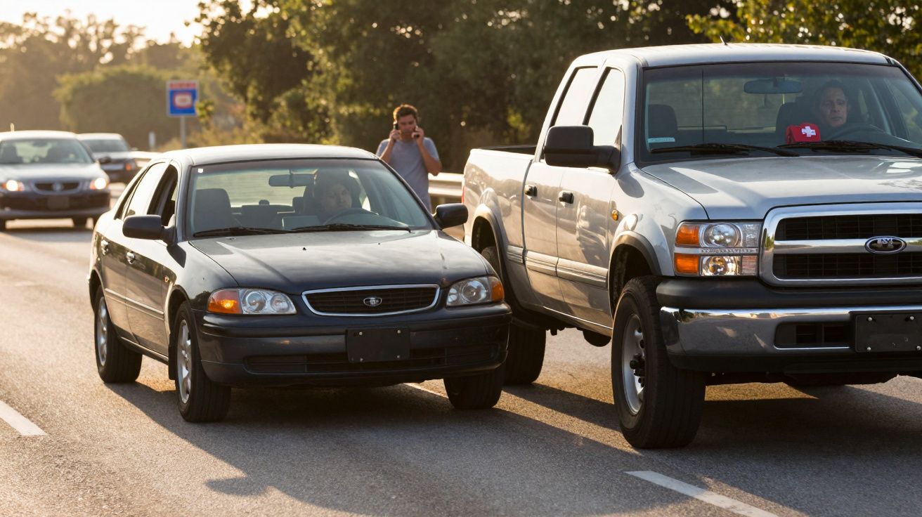 Dois carros colididos na lateral em estrada, com homem ao telefone atrás do carro preto.