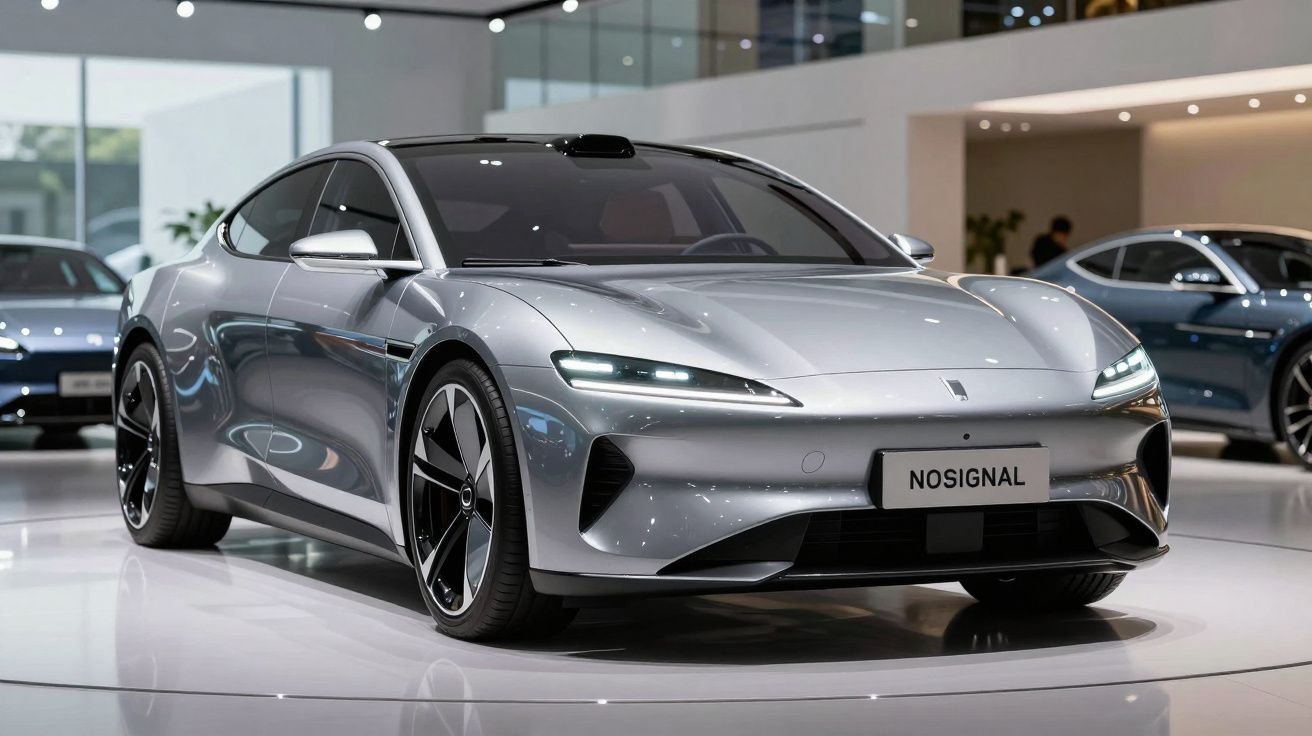 Carro elétrico prata moderno apresentado em showroom com design aerodinâmico e luzes LED acesas.