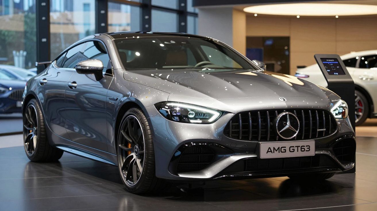 Carro esportivo cinza Mercedes-Benz AMG GT63 em exposição dentro de showroom moderno.