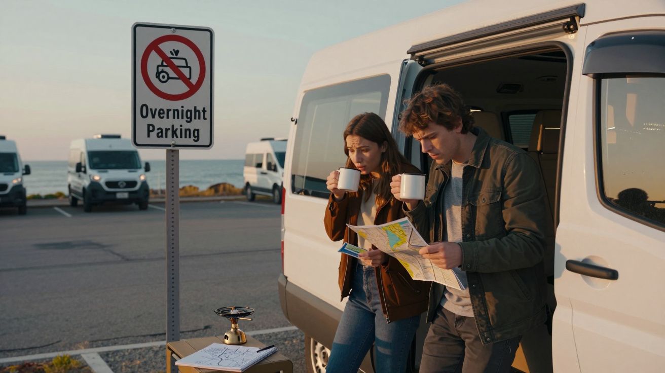 Casal em estacionamento ao lado de van branca lendo mapa e bebendo café próximo a placa de proibição.