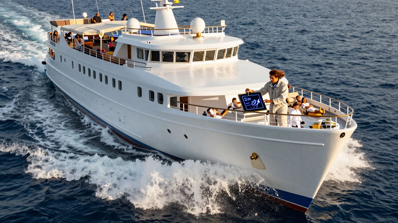 Iate branco navega no mar com pessoas a bordo em dia ensolarado.