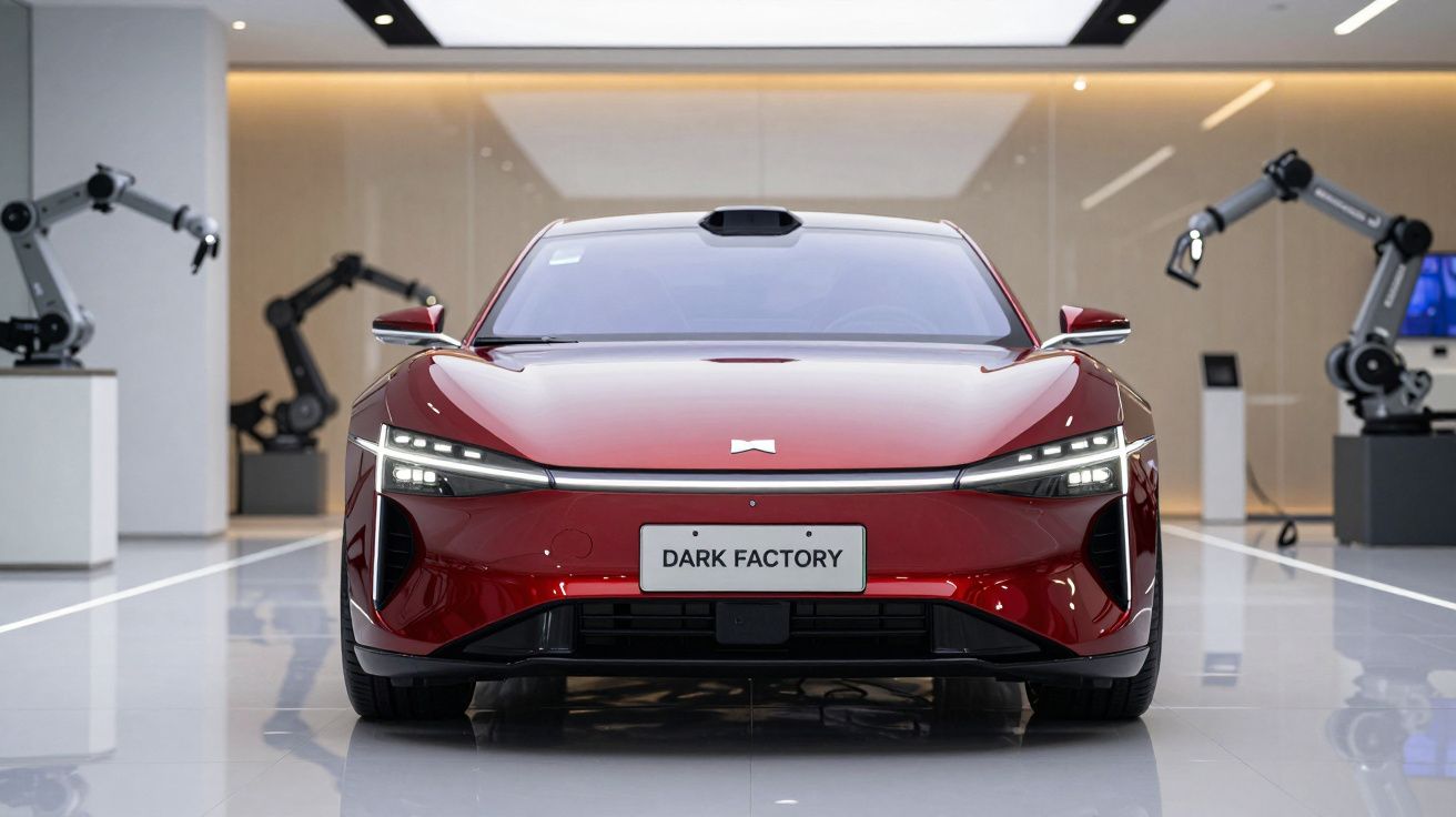 Carro elétrico vermelho futurista em showroom com braços robóticos ao fundo.