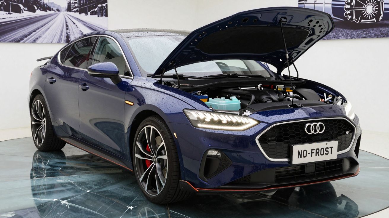 Carro Audi azul com capô aberto em exposição em ambiente interno, luzes dianteiras acesas.