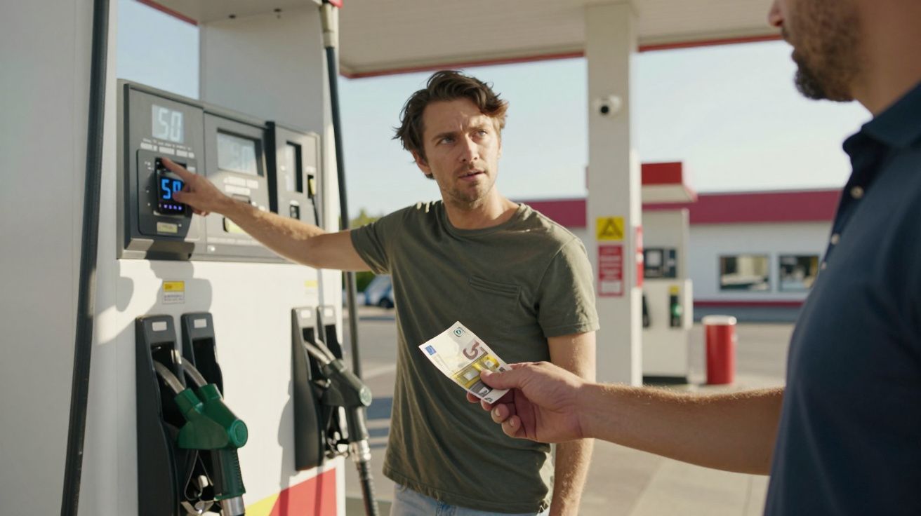 Homem em posto de gasolina ajusta mostrador enquanto outro entrega dinheiro.