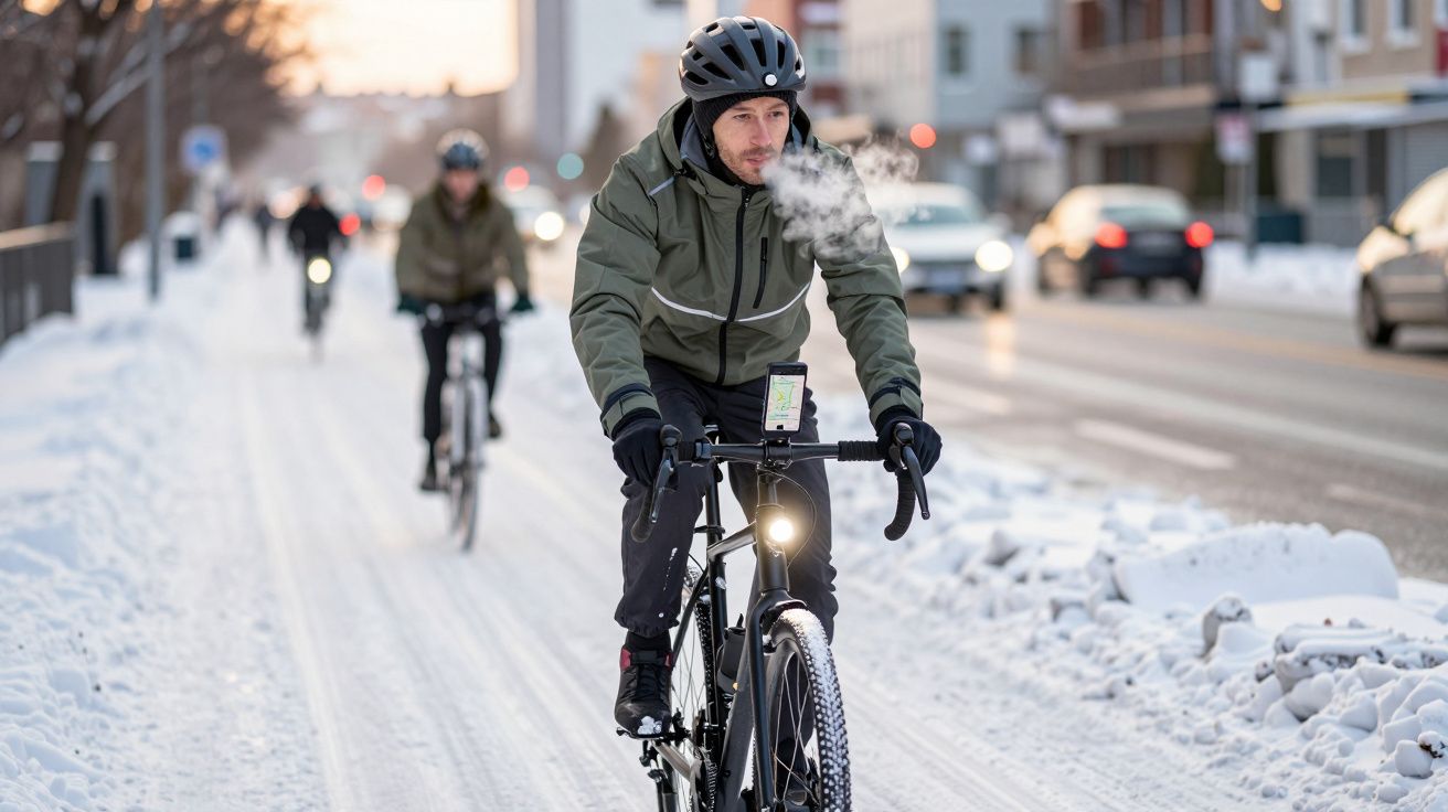 Homem de jaqueta verde e capacete andando de bicicleta em ciclovia coberta de neve na cidade.
