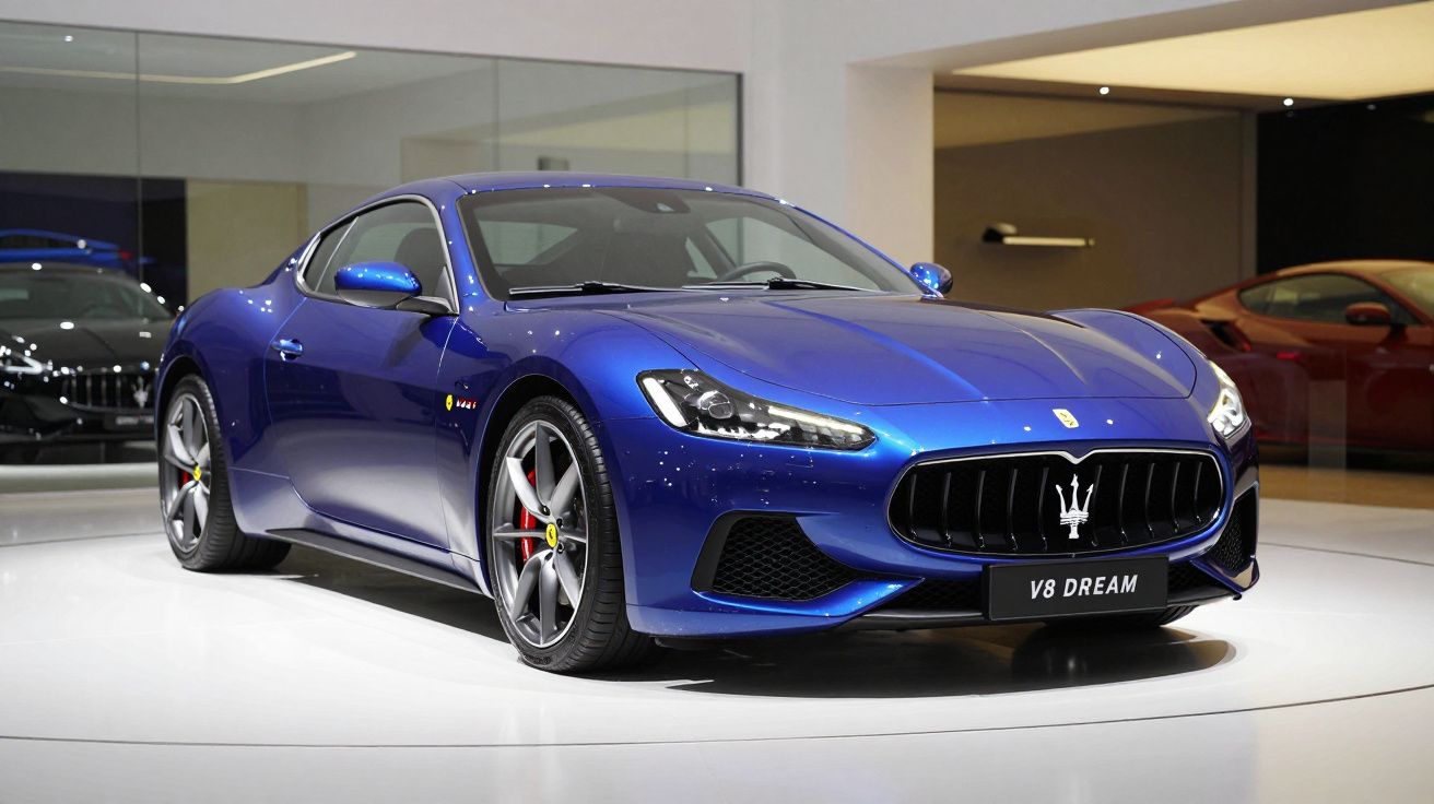 Carro esportivo azul Maserati V8 Dream exibido em showroom moderno com iluminação branca.