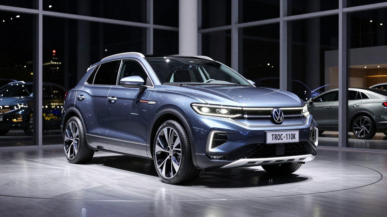 Carro SUV Volkswagen azul estacionado em showroom moderno com grandes janelas de vidro.