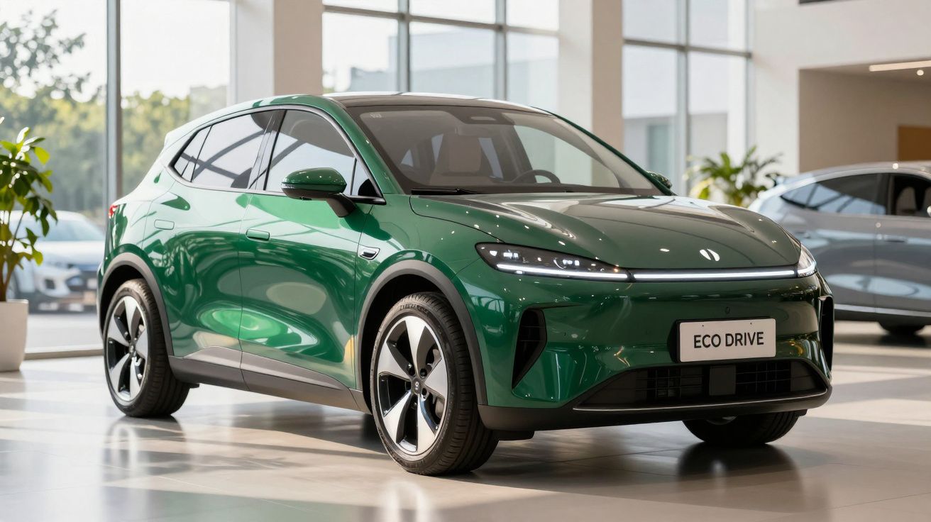 Carro elétrico verde Eco Drive em exposição dentro de showroom moderno com janelas amplas.