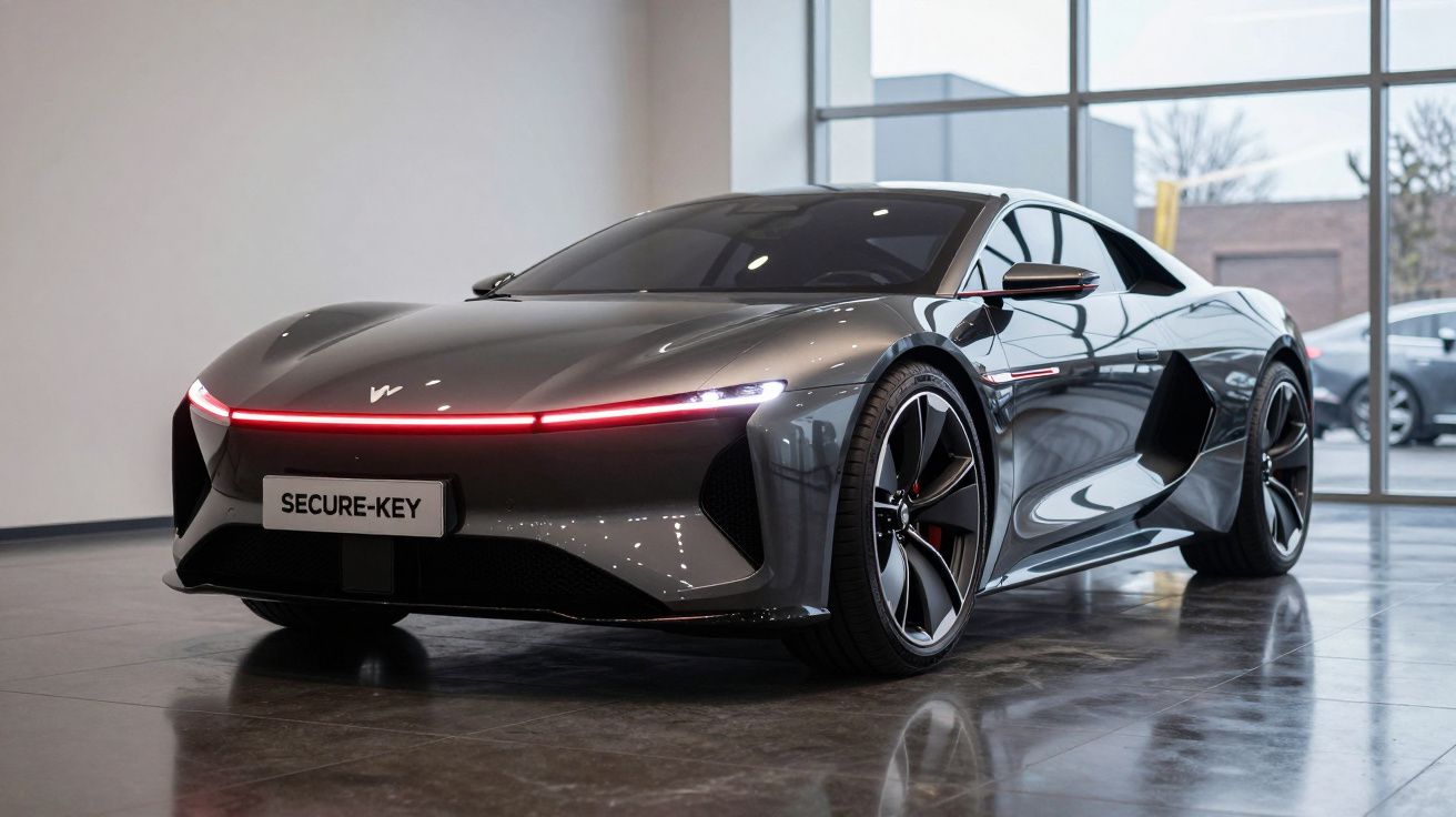 Carro esportivo elétrico cinza escuro com luz de LED vermelha na frente, exibido em ambiente interno moderno.