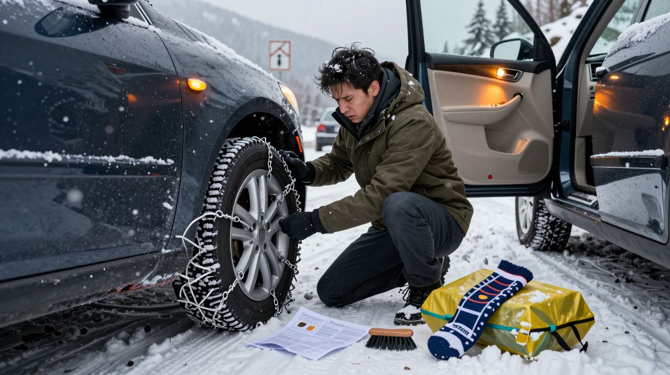 Homem instala correntes de neve em pneu de carro estacionado na neve, com porta aberta e acessórios no chão.