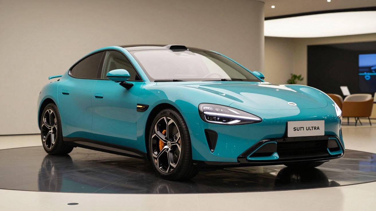 Carro elétrico azul Sun Ultra em exposição interna sobre base giratória.