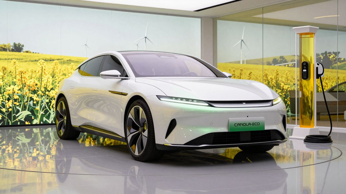 Carro elétrico branco estacionado em showroom com parede de campo florido e turbinas eólicas ao fundo.