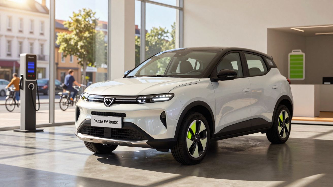 Carro elétrico branco Dacia EV 18000 em showroom moderno com estação de recarga ao fundo.