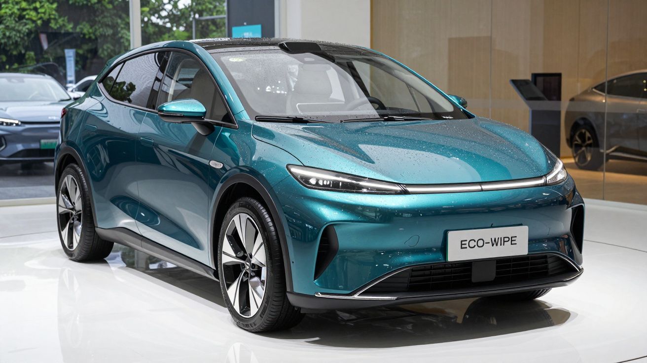 Carro elétrico azul metálico ECO-WIPE em exposição interna com design moderno e aerodinâmico.