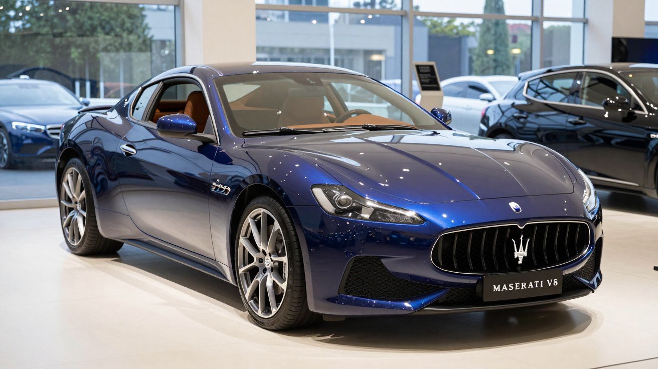 Carro esportivo Maserati V8 azul metálico estacionado em showroom moderno com interior marrom.
