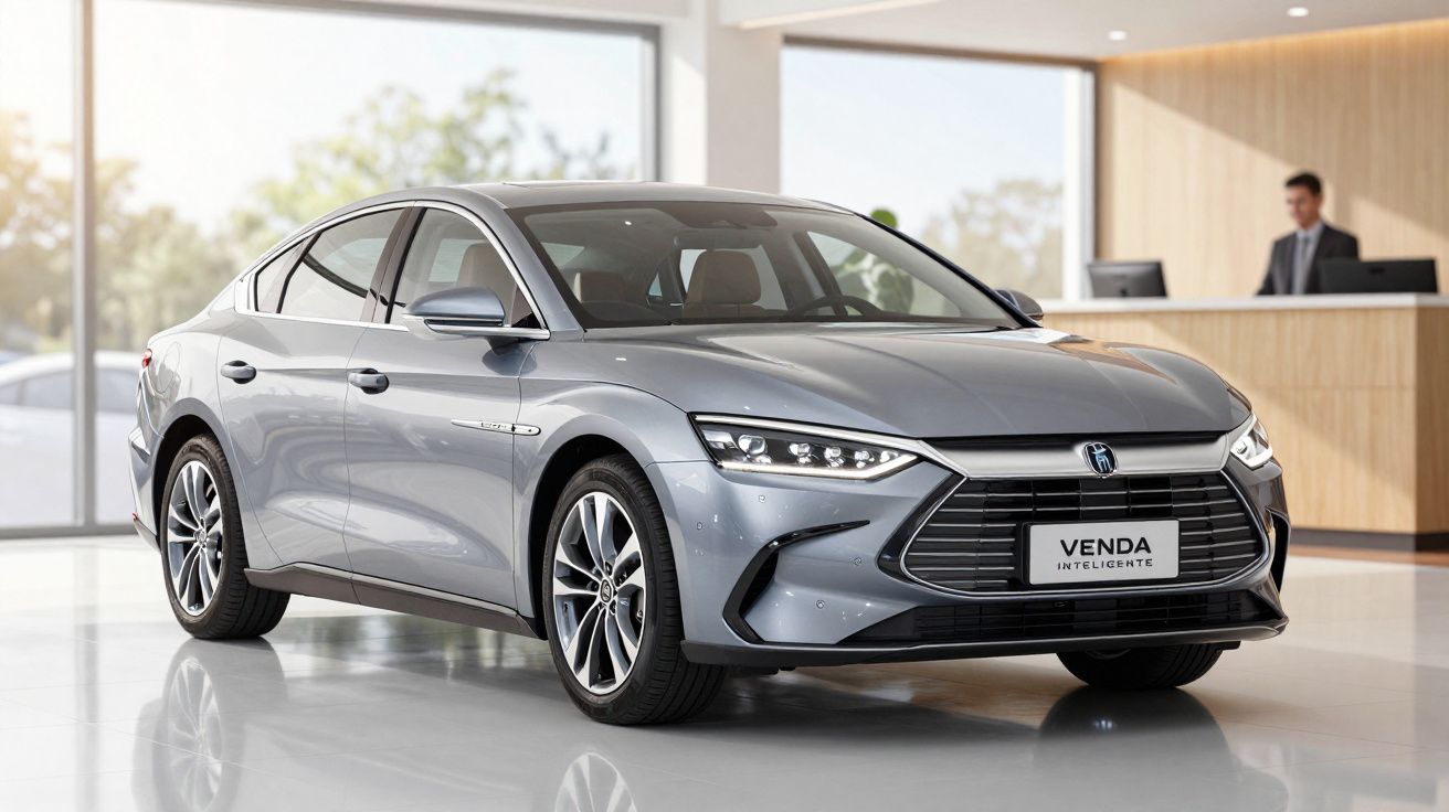 Carro sedan cinza moderno exibido em showroom de concessionária com janela grande ao fundo.