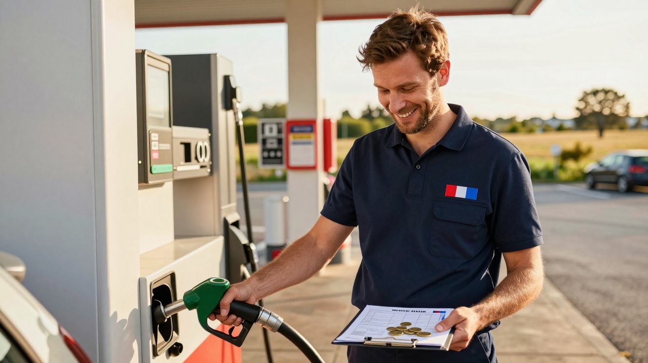 Homem sorridente abastecendo carro em posto de combustível ao ar livre durante o dia.