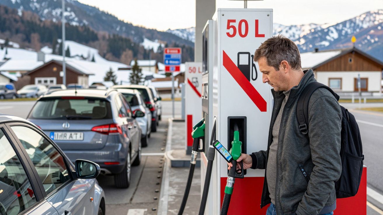 Homem com mochila segurando bomba de combustível em posto, carros na fila e montanhas ao fundo.