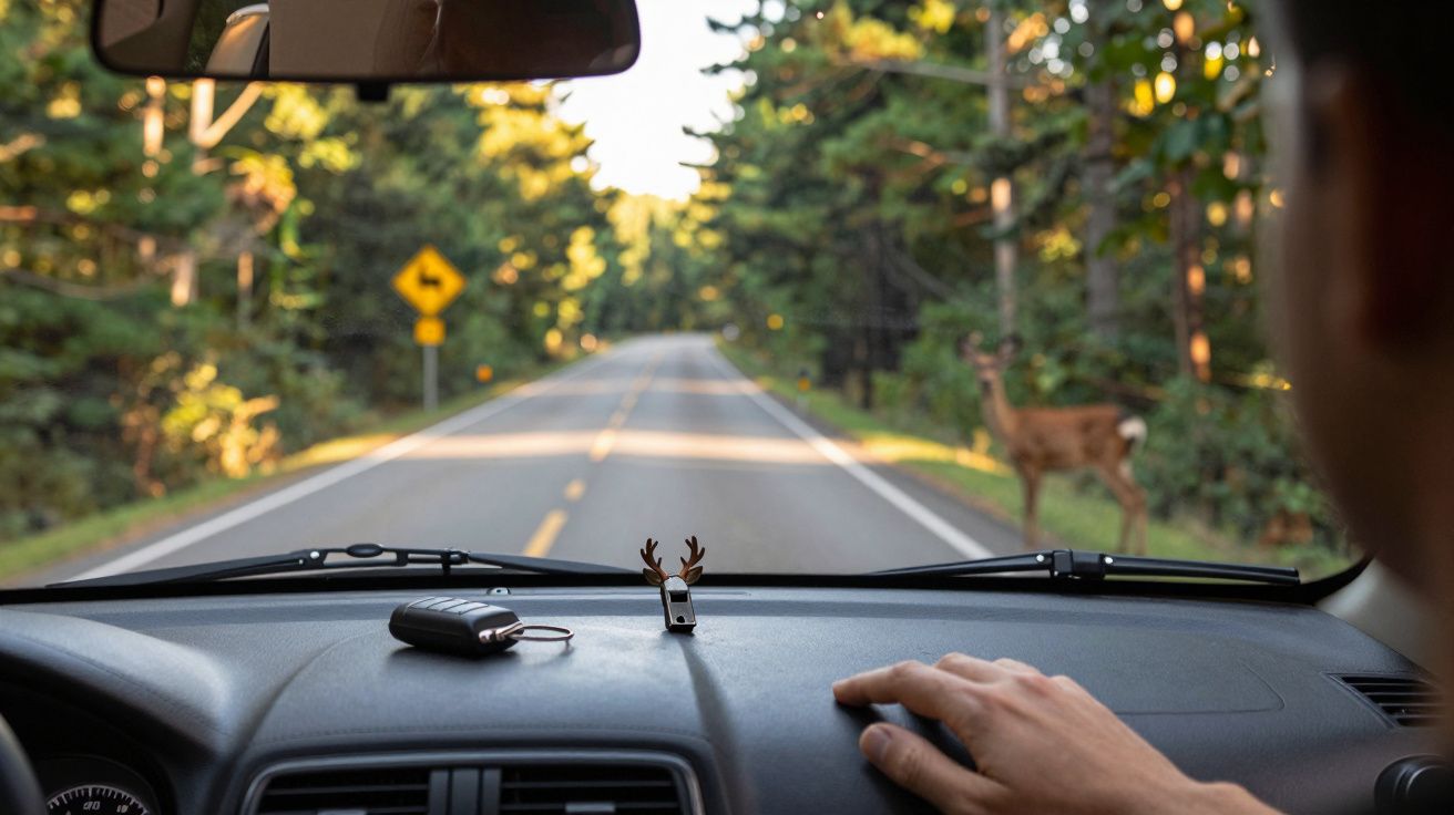 Vista do painel de carro com chave, amuleto, mão no volante e um cervo na estrada à frente em área arborizada.