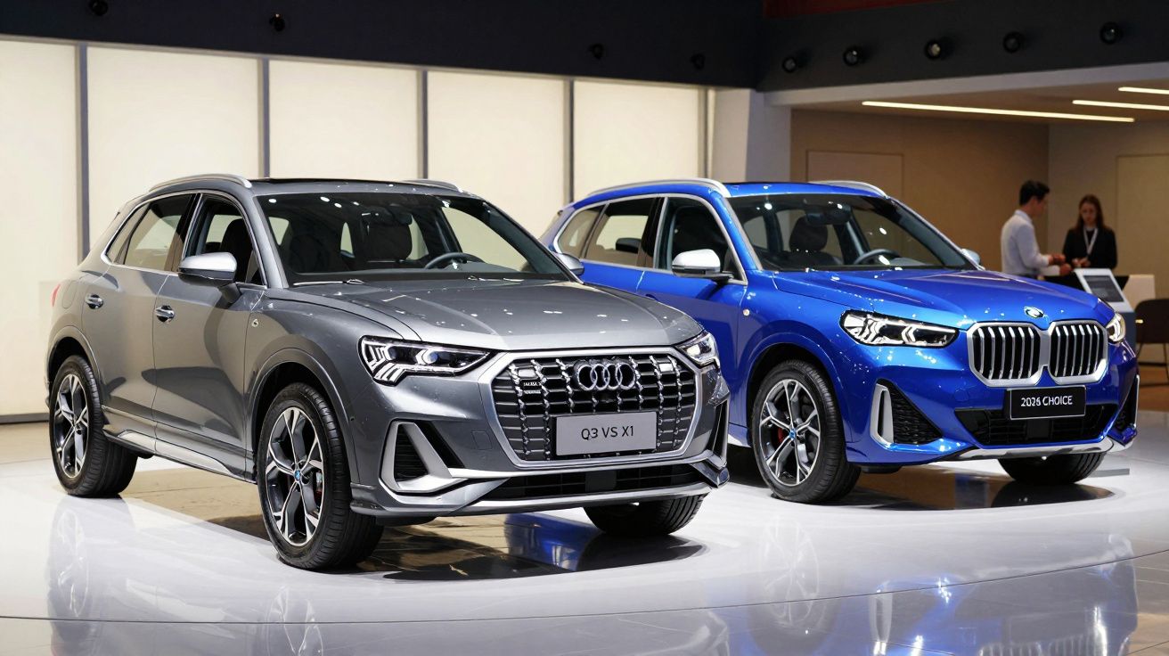 Dois SUVs estacionados em salão, um Audi cinza e um BMW azul, com pessoas ao fundo.