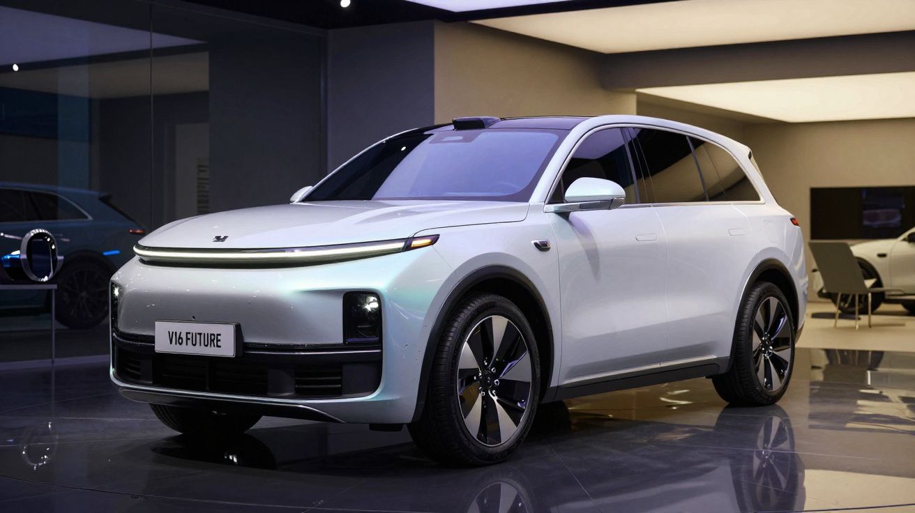 Carro SUV elétrico branco futurista exibido em showroom com design moderno e janelas escurecidas.