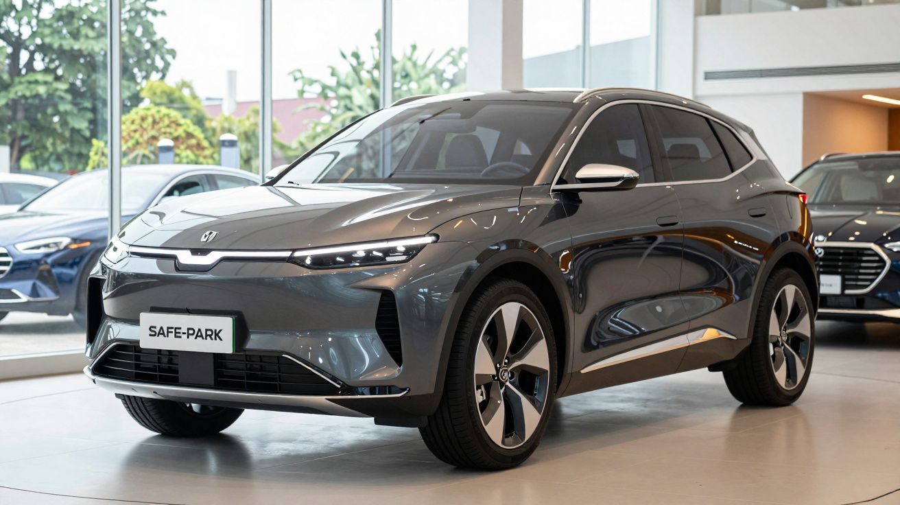 Carro elétrico cinza moderno estacionado dentro de showroom com luz natural entrando pelas janelas.