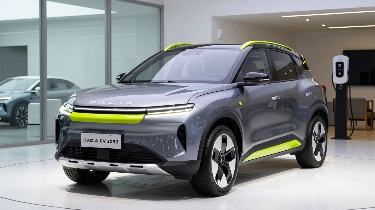 Carro elétrico cinza Dacia EV 2030 em exposição, com detalhes em verde neon e carregador ao fundo.