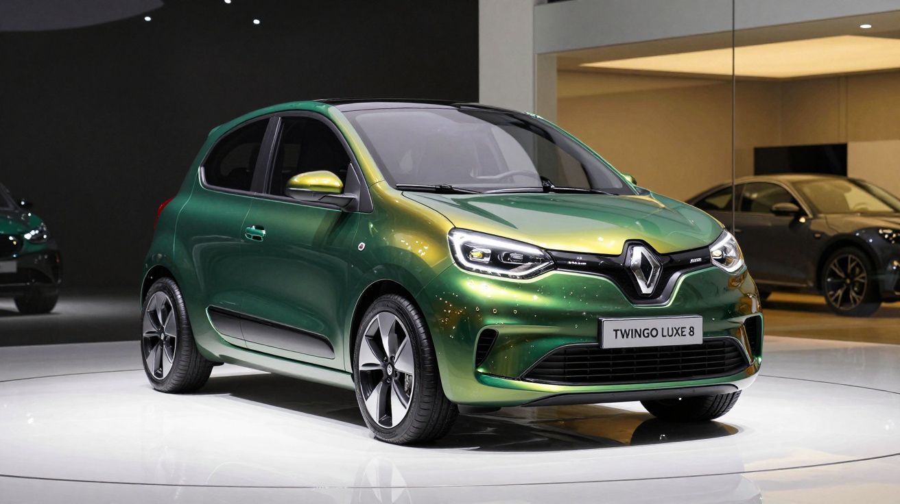 Carro Renault Twingo Luxe 8 verde metálico exibido em pedestal branco em salão de automóveis.