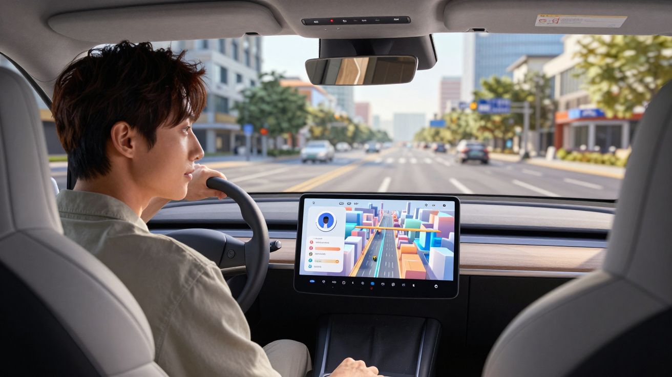 Homem dirigindo carro autônomo com tela digital mostrando mapa 3D em área urbana durante o dia.
