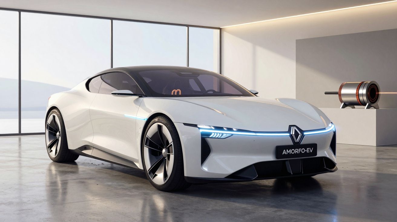 Carro elétrico branco Renault AMORFO-EV em ambiente interno moderno com grandes janelas.