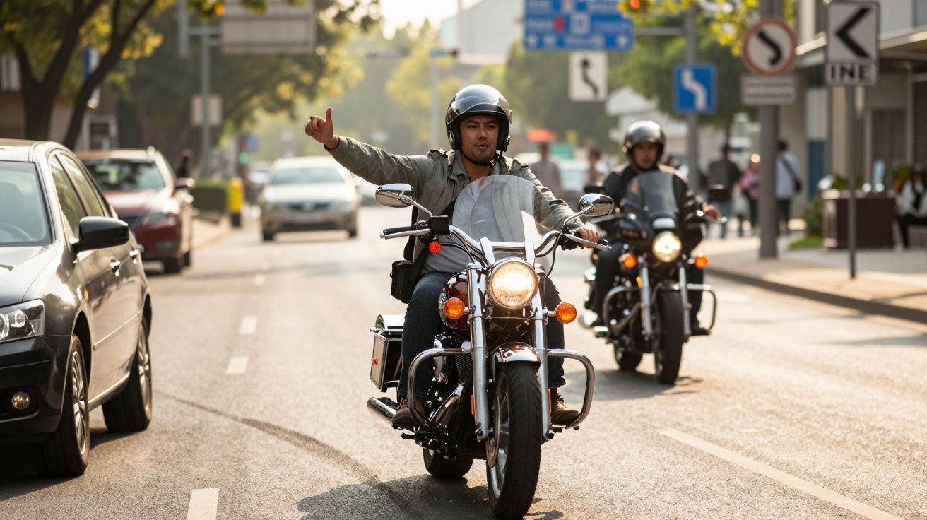 Homem de capacete sinaliza com a mão enquanto anda de motocicleta em rua movimentada na cidade.