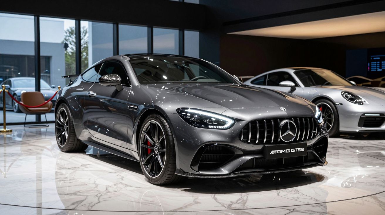Carro esportivo Mercedes AMG GT63 cinza exposto em showroom moderno com piso de mármore.