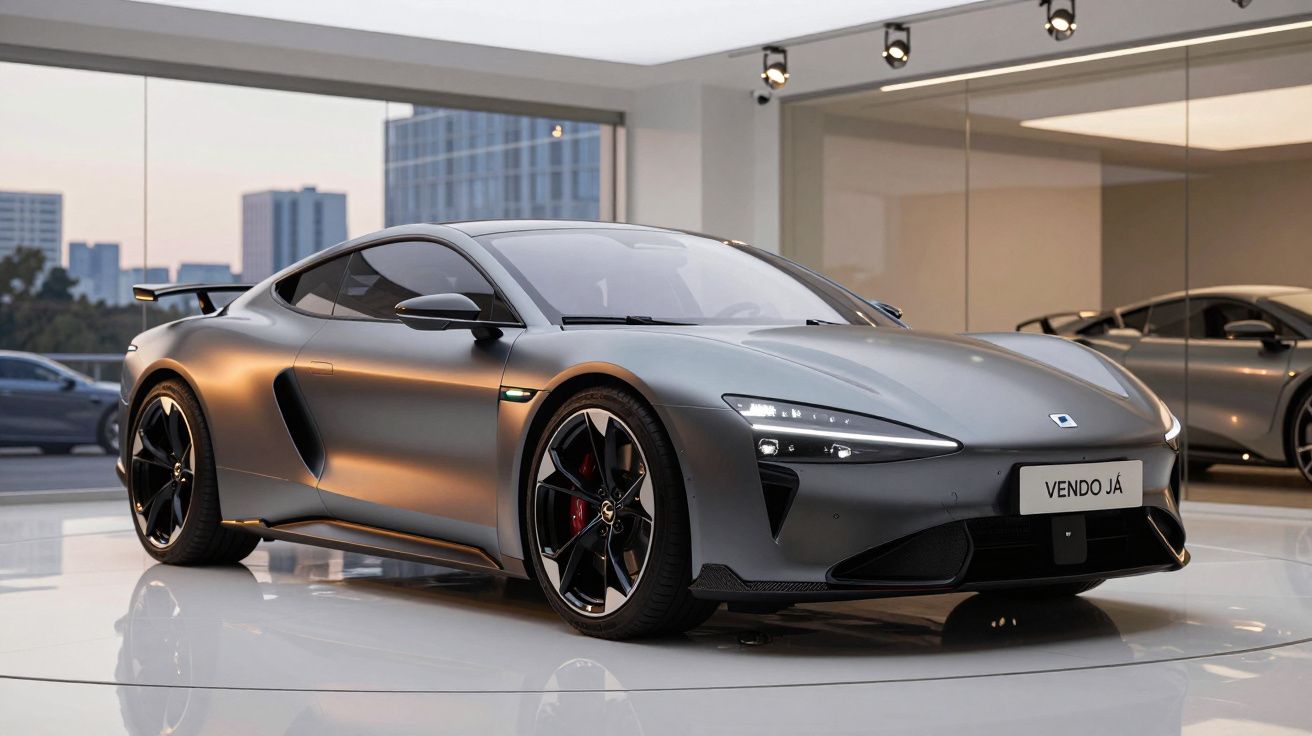 Carro esportivo cinza metálico em exposição com placa escrita "Vendo Já" em showroom moderno.