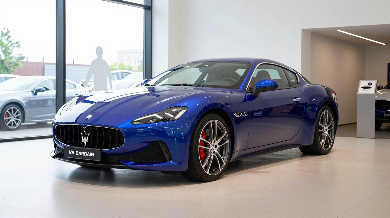 Carro esportivo Maserati azul estacionado em showroom moderno com piso claro e janelas grandes.