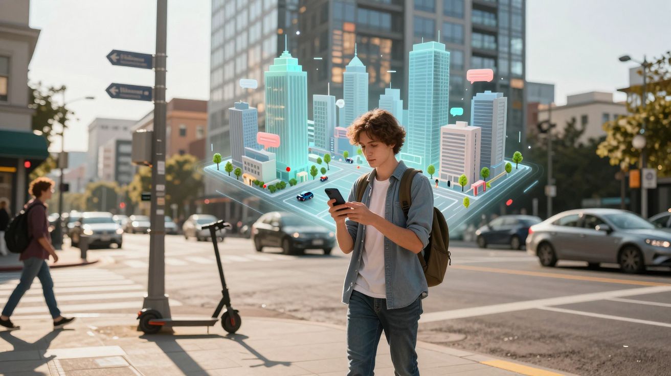 Jovem usando celular na rua com representação digital de cidade e prédios flutuando ao redor.
