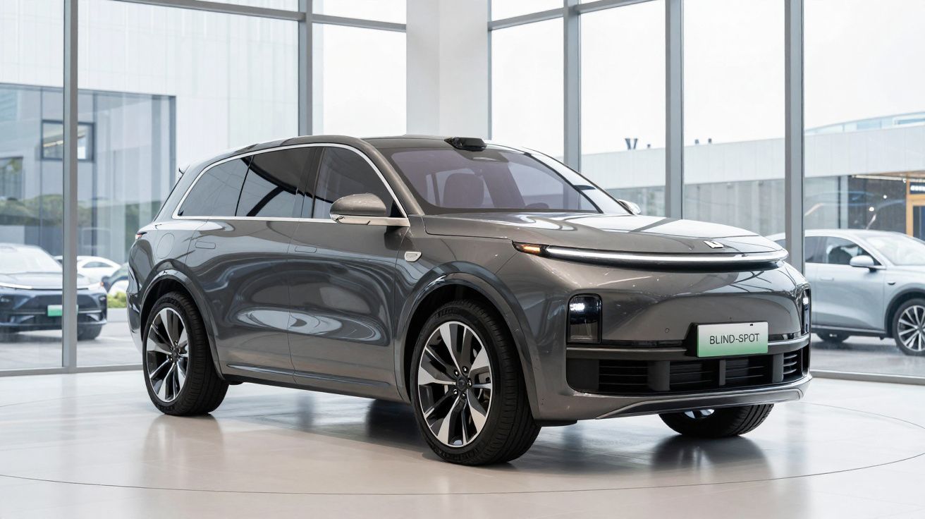 SUV elétrico cinza estacionado em showroom moderno com grandes janelas de vidro ao fundo.