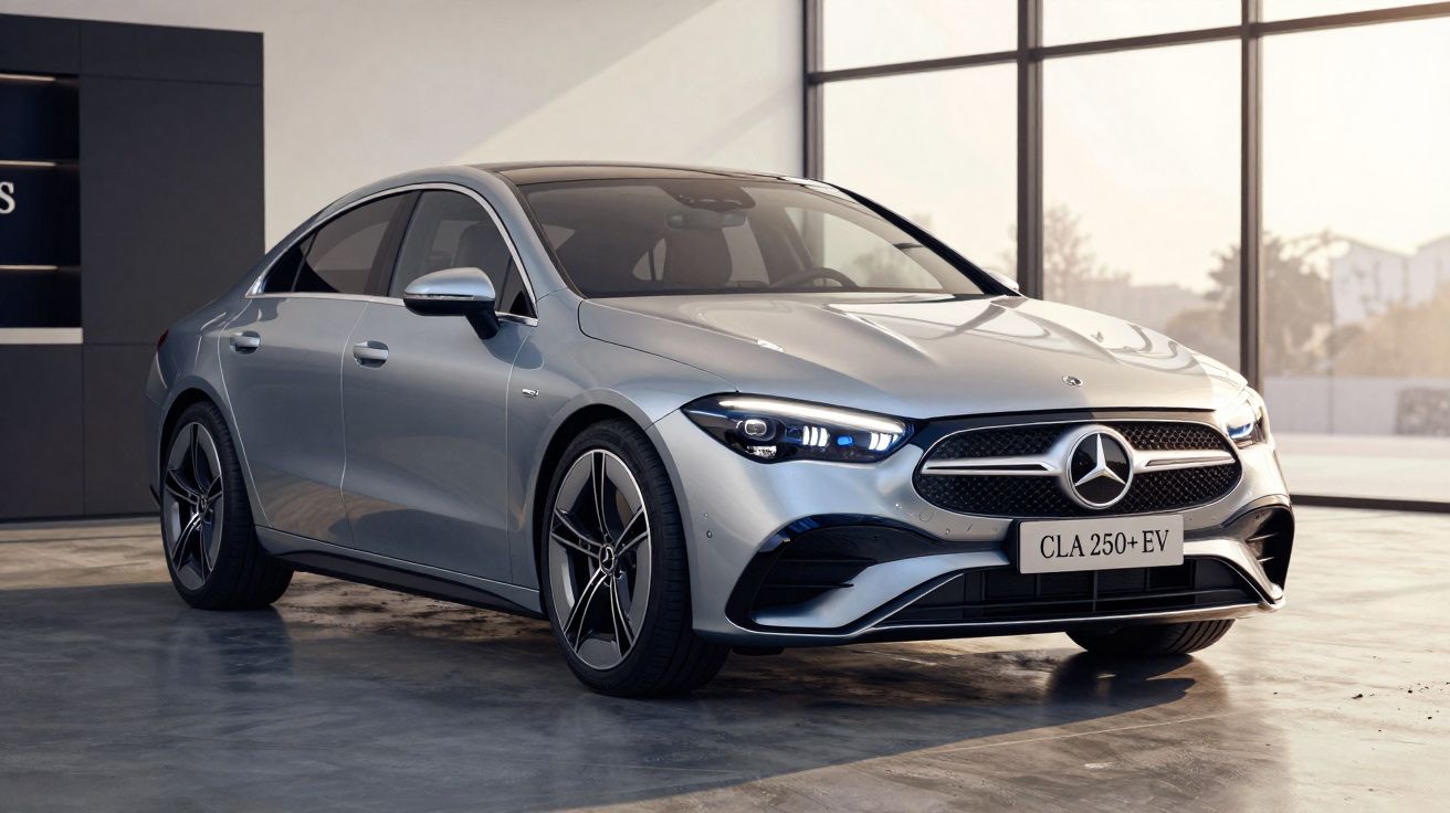 Mercedes-Benz CLA 250+ EV prata estacionado em ambiente interno com luz natural entrando pelas janelas.