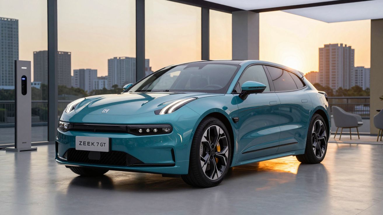 Carro elétrico azul Zeekr 001GT estacionado em garagem moderna ao pôr do sol com prédios ao fundo.