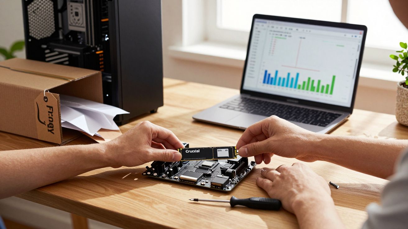 Duas pessoas instalando um módulo de memória RAM em uma placa-mãe sobre mesa com notebook aberto e gráficos na tela.